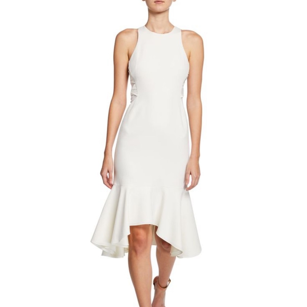 Halston Heritage Sleeveless Flounce-Hem Dress w Twist Detail, White, Size 2, EUC